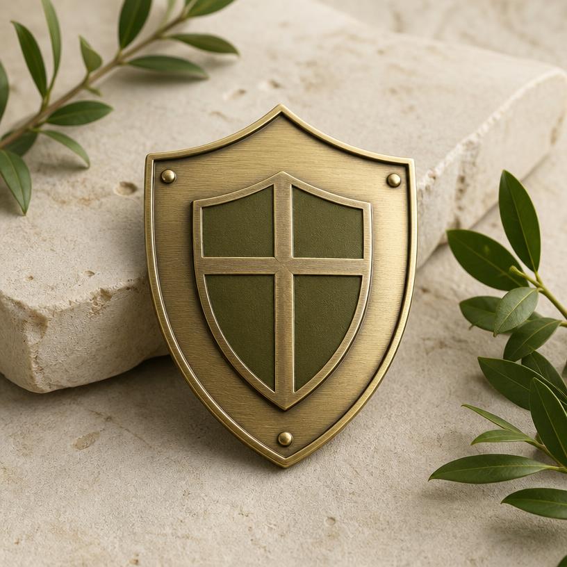 Escudo de latón mate sobre piedra clara